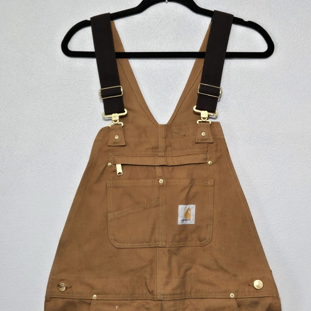 Carhartt Bib Overalls Brown Canvas RN14806 Workwear Duck Chore Men 34x32 STAINED - Picture 2 of 15
